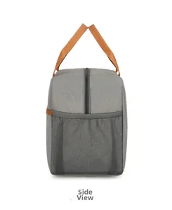 Side view of gray Oxford fabric insulated lunch bag with orange handles and side mesh pocket