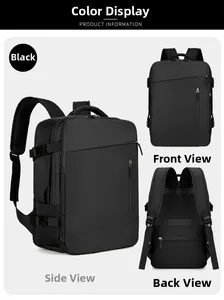 Layout a tre viste di uno zaino business nero con tessuto impermeabile e tasche multiple