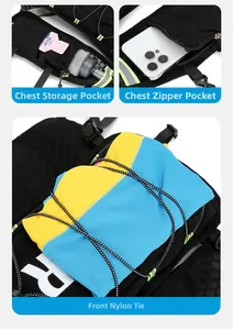 Running vest details showing chest pockets for water flasks, phone zip pocket and elastic cord