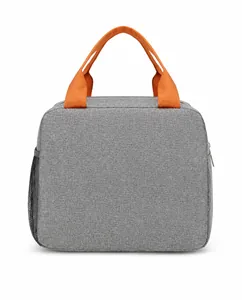 Rear view of gray Oxford fabric insulated lunch bag with orange handles and mesh pocket