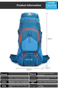 Detailed size chart for 80L nylon hiking backpack with waterproof material specs