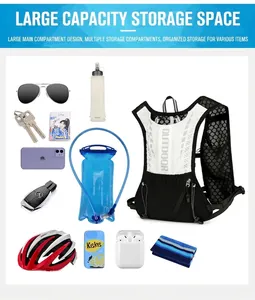 Detailed view of breathable running vest with multiple pockets for water bladder and phone