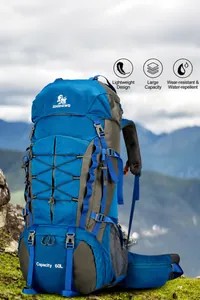 Detail of blue 60L hiking backpack showing durable nylon fabric and side mesh pockets