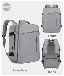 Viste dettagliate multi-angolo dello zaino business grigio con nylon impermeabile e tasche