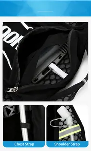 Detail view of hydration vest backpack showing adjustable straps and honeycomb inner mesh