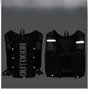 Close-up of black running vest with reflective strips and breathable mesh fabric