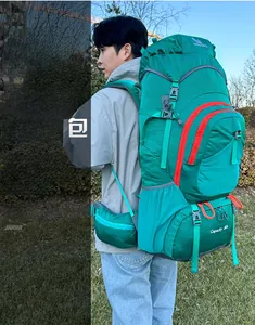 Close-up of 80L hiking backpack showing green honeycomb fabric and waist belt storage