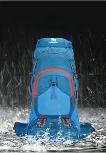 Waterproof testing of blue 80L hiking backpack showing rain resistance and durable fabric