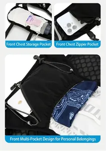 Detail of breathable mesh running vest showing front chest pockets for water bottles and phone