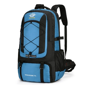 75L large capacity outdoor hiking backpack in blue and black nylon with side mesh pockets