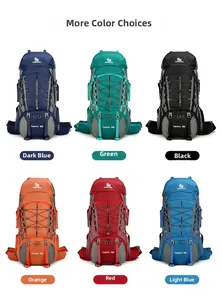 Detailed grid view showing 60L hiking backpacks in blue, green, black, orange, and red colors