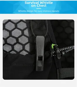 Detail of the integrated survival whistle and breathable mesh on the running vest