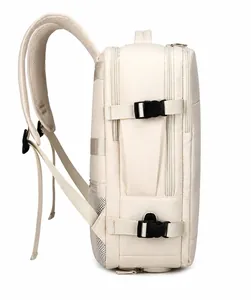 Vista laterale dello zaino business beige con scomparti multipli e tasche laterali a rete