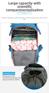 Detail of 80L hiking backpack showing large capacity space and drawstring closure system