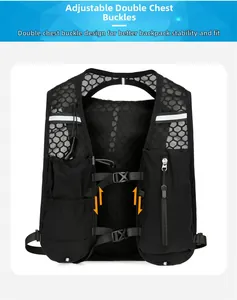 Detail of adjustable chest buckles and breathable mesh on the black running hydration vest