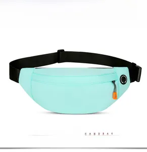 Detail view of mint green running belt with waterproof zipper and earphone port