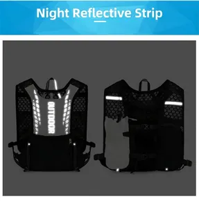 Detail view of reflective safety strips and breathable mesh on the running vest pack