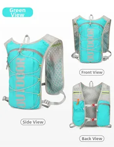 Detail view of green multi-functional nylon running vest with breathable mesh and pockets