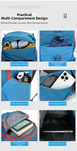 Detail view of the multi-compartment interior and durable ripstop fabric of the 80L hiking bag