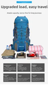 Detailed 60L capacity layout of blue hiking backpack with diverse camping gear storage