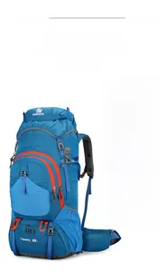 Detail view of 80L hiking backpack showing durable blue ripstop fabric and buckle system
