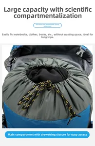 Detail of outdoor hiking backpack with blue grid fabric and adjustable gray drawstring closure