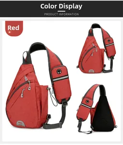 Three-view display of a red Oxford chest bag showing front, mesh back, and side bottle pocket