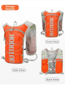 Close-up of orange running vest with breathable mesh and reflective OUTDOOR logo