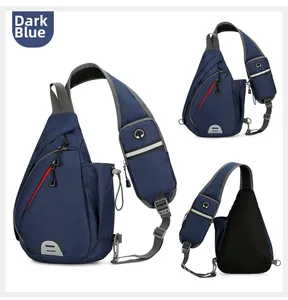 Detail view of dark blue Oxford crossbody bag showing mesh back and reflective strap