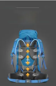 Detail of ergonomic 80L hiking backpack showing breathable mesh back padding and S-straps