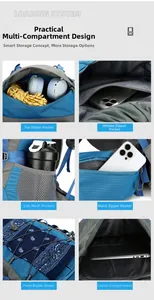 Detail view of hiking backpack compartments including side mesh pockets and laptop sleeve