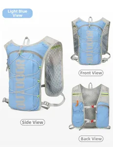 Detail view of light blue hydration vest showing breathable mesh and functional pockets