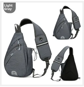Light grey Oxford fabric chest bag featuring breathable mesh back and headphone port detail