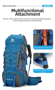 Detail of 60L hiking backpack showing trekking pole attachment and breathable back pad