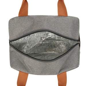 Bolsa térmica gris de tela oxford con forro aislante y asas de color naranja