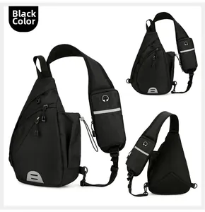 Detail view of the breathable mesh back and tactical storage pockets on the black chest bag