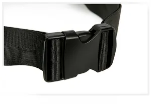 Detail of durable black plastic buckle and high-strength nylon strap for sports waist bag