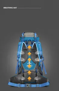 Detail of ergonomic breathable back system and padded straps on hiking backpack