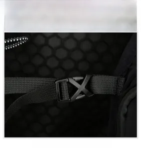 Detail view of adjustable buckle and breathable honeycomb mesh padding on nylon backpack