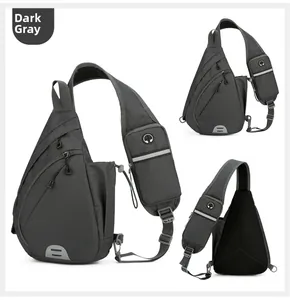 Detail view of dark grey Oxford fabric chest bag with breathable mesh back and multi-pockets