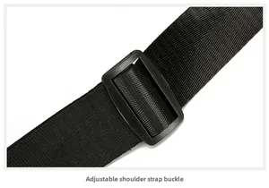 Detail of adjustable black buckle and woven nylon strap on a sports waist bag