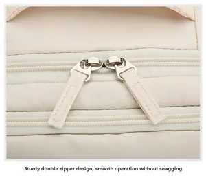 Dettaglio delle robuste doppie cerniere in metallo su tessuto oxford beige liscio