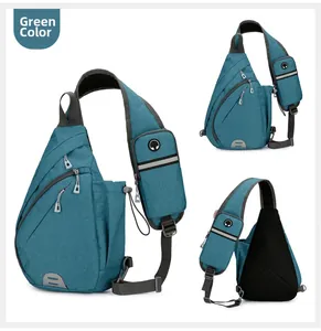 Detail view of water-resistant oxford crossbody bag with mesh back and earphone port