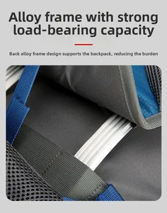 Detail of the gray hiking backpack featuring a sturdy silver alloy back support bracket