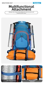 Detail view of the 80L blue backpack with straps for tent and sleeping mat attachment