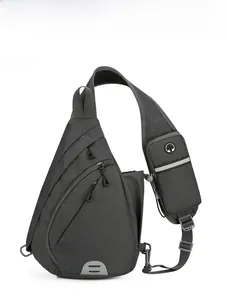Detailed front view of grey tactical crossbody bag with strap pocket and reflective strip