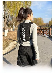 Outdoor hydration vest back view with elastic cords and reflective outdoor logo print