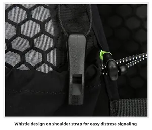 Close-up of survival whistle on breathable mesh shoulder strap of a running vest