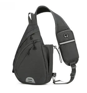 Detail view of Oxford cloth chest bag with reflective strips and shoulder phone pocket