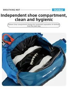 Close-up of the 80L outdoor backpack's independent bottom shoe compartment and fabric texture